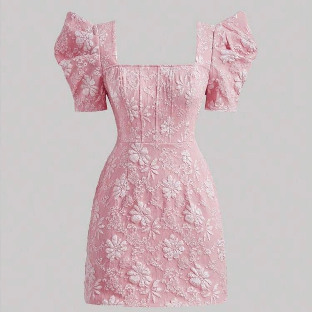 Shein Mod Floral Square Neck Puff Sleeve Mini Dress, Coquette Romantic Party, S.
